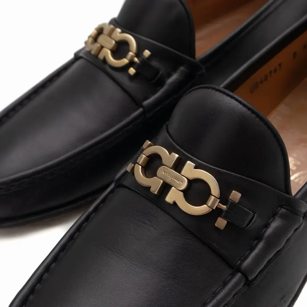 950$ SALVATORE FERRAGAMO Black Leather Gold Gancini Bit Loafers US 10.5 D